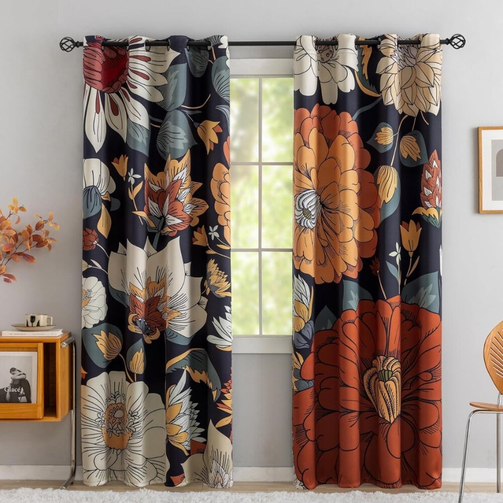 2 Panels Black Boho Floral 100% Blackout Curtains 52x84